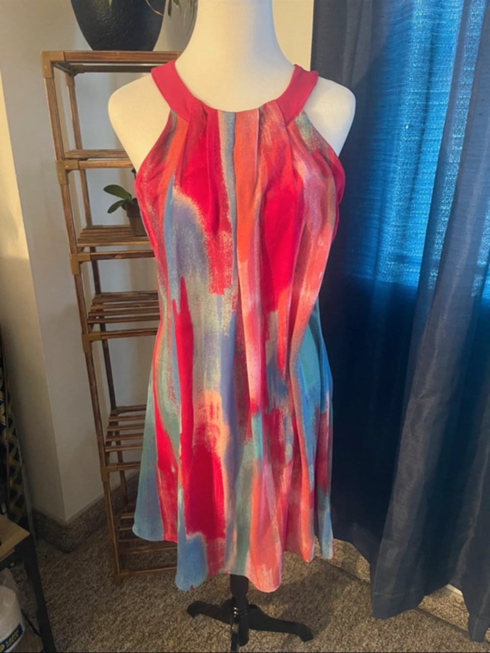 Robbie Bee Red & Blue Multicolor Halter Midi Dress